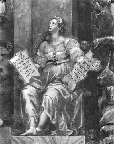 Religion, eine der zwei allegorischen Figuren um Papst Silvester I. (314-35) (Detail) von Giulio Romano
