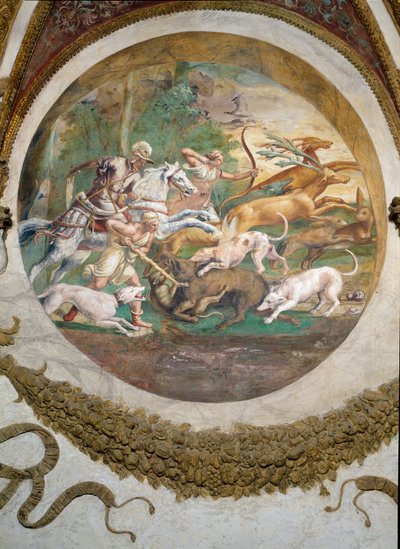 Szene, die zeigt, dass diejenigen, die unter dem Zeichen des Krebses in Verbindung mit dem Sternbild des Mars geboren sind, im Jagen und Fischen geschickt sein werden, symbolisiert durch eine Jagdszene, aus der Camera dei Venti von Giulio Romano