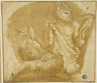 Sitzender Faun mit Füllhorn (recto); Skizze von Baum und Haus (verso) von Giulio Romano