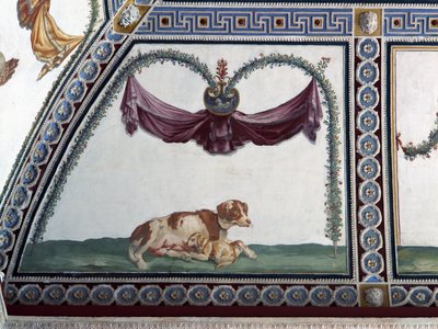Die Camera con Fregio di Amorini (Detail eines Hundes und eines Welpen) von Giulio Romano