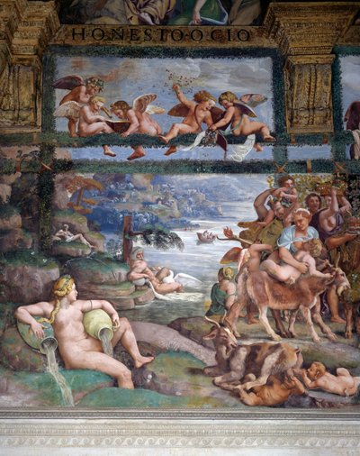Hochzeitsfest oder Bankett der Götter, Fresko von Giulio Romano (1499-1546), Westwand der Kammer von Amor und Psyche, Palazzo Te, Mantua (UNESCO-Welterbeliste, 2008), Lombardei, Italien von Giulio Romano