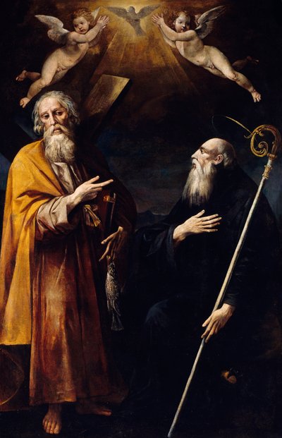 Heilige Andreas und Benedikt mit Heiligem Geist über ihnen und zwei anbetenden Putti von Giuseppe Cesari