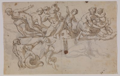 Seepferdchen, Tritonen und Putti reiten auf Delfinen von Giuseppe Alabardi