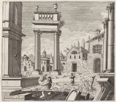 Architektonische Fantasie mit klassischen Ruinen und volkstümlichen Gebäuden von Giuseppe Antonio Landi