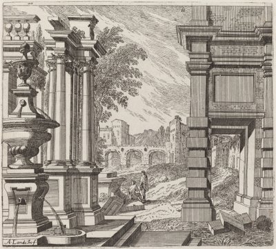 Architektonische Fantasie mit einem Brunnen, klassischen Ruinen und einer Brücke von Giuseppe Antonio Landi