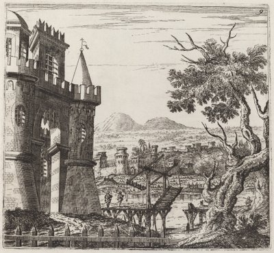 Landschaft mit Schloss und Zugbrücke von Giuseppe Antonio Landi