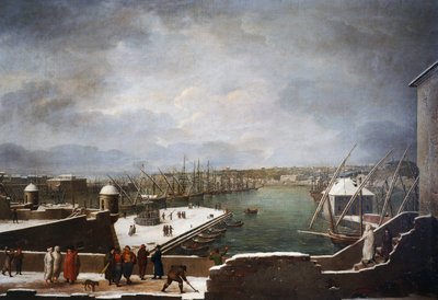 Ansicht des Hafens von Genua im Schnee von Giuseppe Bacigalupo