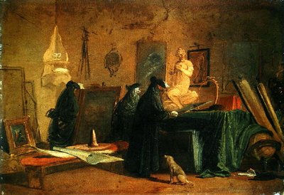 Kenner in Karnevalskostümen in einem Innenraum mit Bildern und Objekten der Kunst und Wissenschaft von Giuseppe Bernardino Bison