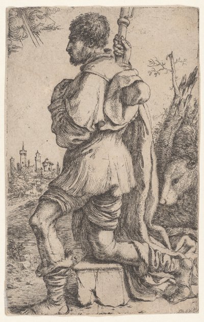 Heiliger Rochus, kniend auf einem Stein, von der Seite gesehen mit seinem Hund dahinter von Giuseppe Caletti