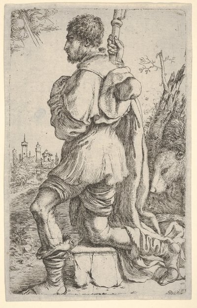 Heiliger Rochus, kniend auf einem Stein, von der Seite gesehen mit seinem Hund dahinter, 1620-30 von Giuseppe Caletti
