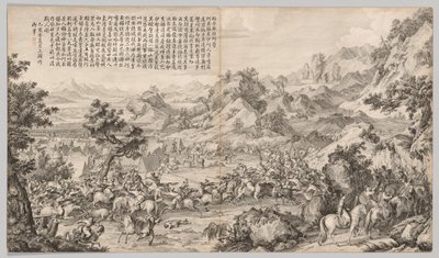 Angriff auf das Lager bei Gatan Ola: aus Schlachtszenen der Niederschlagung von Aufständen in der westlichen Region, mit kaiserlichen Gedichten von Giuseppe Castiglione
