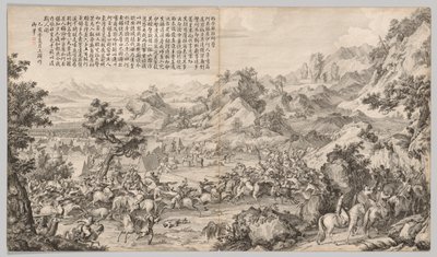 Angriff auf das Lager bei Gatan Ola: aus den Schlachtszenen der Niederschlagung von Aufständen..., ca. 1765-1774 von Giuseppe Castiglione