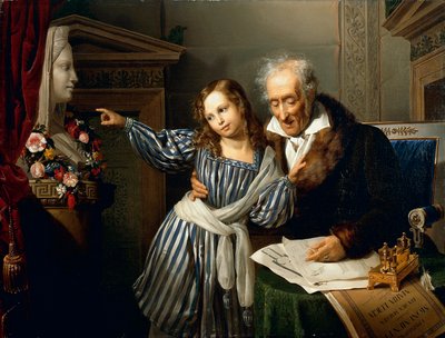 Alter Mann zeigt seiner Enkelin die Hermenbüste von Maria Luigia von Giuseppe Molteni