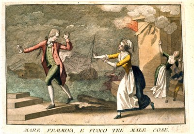 Das Sprichwort: „Das Meer, Frauen und Feuer: die drei Übel“. Gravur des 18. Jahrhunderts, die eine Reihe von Sprichwörtern illustriert. Giuseppe Piattoli (1740/50-1818) von Giuseppe Piattoli