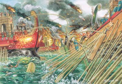 Antikes Rom: die Schlacht von Actium zwischen den Truppen von Octavian und den vereinten Kräften von Marcus Antonius und Kleopatra VII. am 2. September 31 v. Chr. - Illustration von Giuseppe Rava von Giuseppe Rava