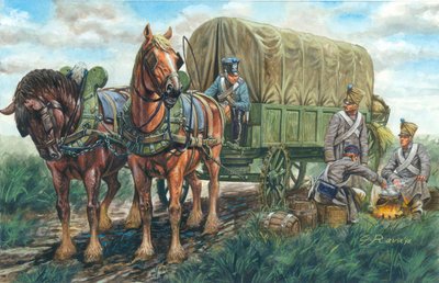 Erstes Kaiserreich: der Wagen, der die Nahrung des französischen Regiments transportiert - Erstes Kaiserreich: französischer Wagen für den Transport von Lebensmitteln - Illustration von Giuseppe Rava von Giuseppe Rava