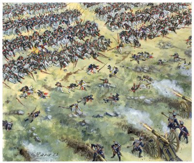 Erstes Kaiserreich, Deutschlandfeldzug: Russische Linieninfanterie in der Schlacht von Leipzig im Oktober 1813 besiegt (Illustration) von Giuseppe Rava