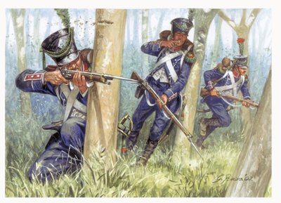 Erstes Kaiserreich: Leichte Infanteriesoldaten im Wald - Illustration von Giuseppe Rava von Giuseppe Rava