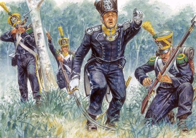 Erstes Kaiserreich: Leichte Infanterie-Voltigeure im Wald (Illustration von Giuseppe Rava) von Giuseppe Rava