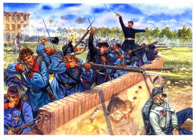 Risorgimento, Erster Italienischer Unabhängigkeitskrieg, italienische Studenten während der Schlacht von Curtatone und Montanara am 29.05.1848 - Illustration von von Giuseppe Rava