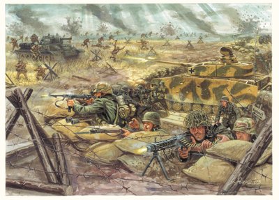 Zweiter Weltkrieg: Schlacht von Kursk 1943 zwischen deutschen und sowjetischen Truppen (Illustration von Giuseppe Rava) von Giuseppe Rava