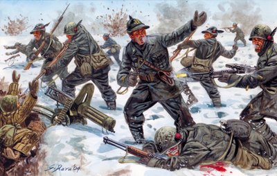 Zweiter Weltkrieg, Russische Front: Italienische Gebirgsjäger in Russland im Januar 1943 - Illustration von Giuseppe Rava von Giuseppe Rava