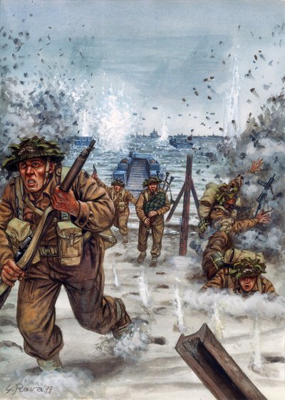Zweiter Weltkrieg: Schottische Soldaten während der Landung in der Normandie am 6. Juni 1944 (Illustration von Giuseppe Rava) von Giuseppe Rava