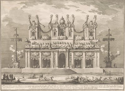 Die Seconda Macchina für die Chinea von 1765: Ein dekoriertes Gebäude mit Schlaraffenlandstangen von Giuseppe Vasi, after Giuseppe Palazzi, after Paolo Posi