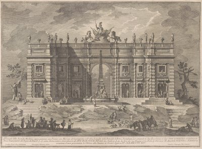 Die zweite Maschine für die Chinea von 1772: Ein Platz mit einem Spielmarkt und dem Pantheon-Brunnen von Giuseppe Vasi, after Giuseppe Palazzi, after Paolo Posi