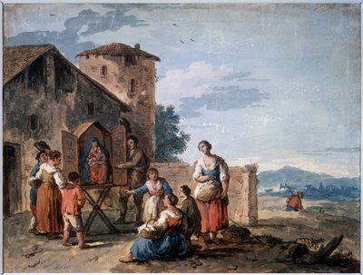 Eine Gruppe von Bauern vor einem Altar mit einer Madonna-Statue von Giuseppe Zais