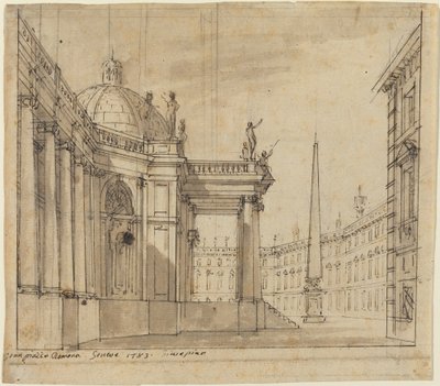 Bühnenbild: Eine Piazza mit einer Kuppelkirche und einem Obelisken von Giuseppino Galliari