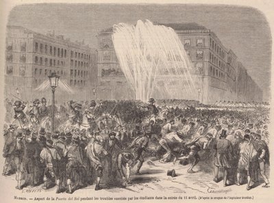 Ansicht der Puerta del Sol während der Unruhen, die von den Studenten am Abend des 11. April verursacht wurden von Godefroy Durand