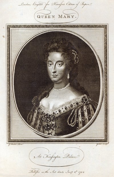 Königin Mary im Kensington Palace, graviert für Harrisons Ausgabe von Rapin, veröffentlicht am 8. Januar 1785 von Godfrey Kneller