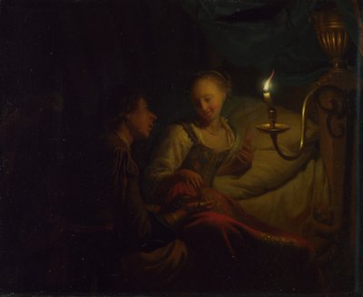 Eine Kerzenszene. Ein Mann bietet einem Mädchen auf einem Bett eine Goldkette und Münzen an, ca. 1665-1667 von Godfried Cornelisz Schalcken