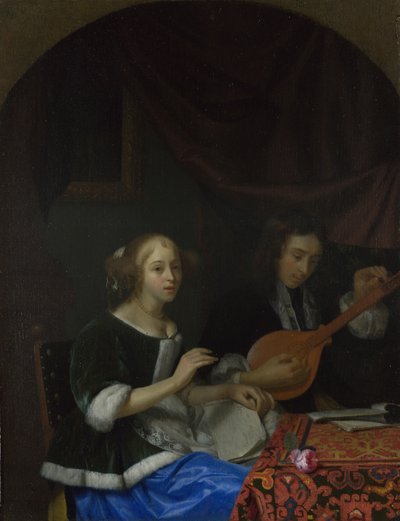 Eine Frau singt und ein Mann mit einer Zister, ca. 1665-1667 von Godfried Cornelisz Schalcken