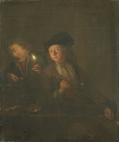 Der Raucher (Ein Mann mit einer Pfeife und ein Mann, der ein Getränk in ein Glas gießt) von Godfried Schalcken (attributed to)