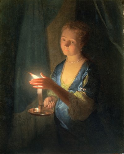 Eine Dame hält eine Kerze von Godfried Schalcken