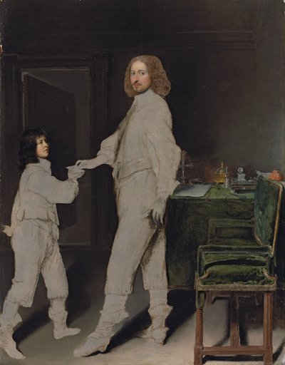 Porträt eines Mannes, ganzfigur, der einem Jungen einen Brief überreicht, in einem Innenraum von Gonzales Coques