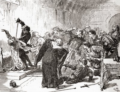 Szene aus William Shakespeares Stück Hamlet, Akt V, Szene 2, Hamlet: Die Spitze ist vergiftet! Dann, Gift, an die Arbeit. (Er sticht den König), aus Die Werke von William Shakespeare, veröffentlicht 1896 von Gordon Frederick Browne