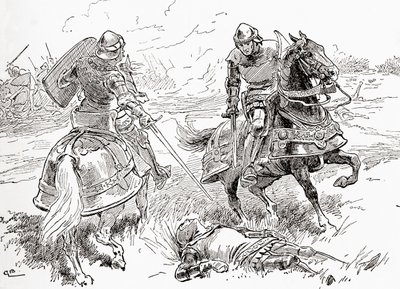 Szene aus William Shakespeares Stück König Heinrich IV., Teil 1, Akt V, Szene 3, Earl of Douglas: Alles ist getan, alles ist gewonnen, hier liegt der König atemlos, aus Die Werke von William Shakespeare, veröffentlicht 1896 von Gordon Frederick Browne