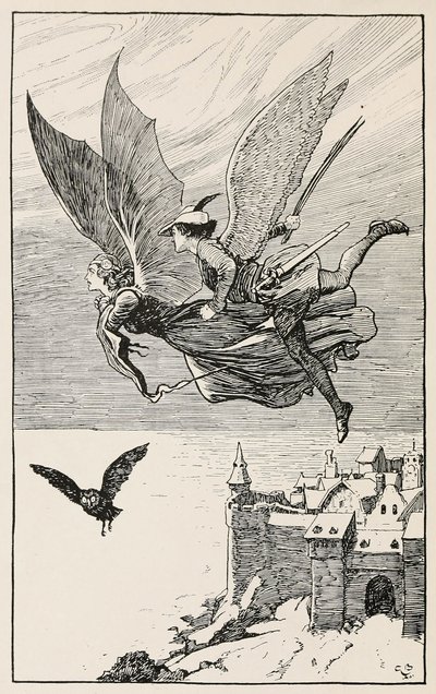 Der reisende Begleiter flog hinter ihr her, aus Märchen von Hans Anderson, veröffentlicht 1919 (Gravur) von Gordon Frederick Browne