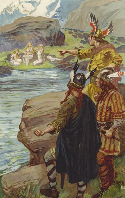Sie sahen am Ufer des Sees drei Jungfrauen sitzen und Flachs spinnen (Chromolitho) von Gordon Frederick Browne