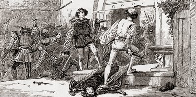 Tybalt von Romeo getötet, Szene aus William Shakespeares Romeo und Julia, Akt III, Szene 1, aus Die Werke von William Shakespeare, veröffentlicht 1896 von Gordon Frederick Browne