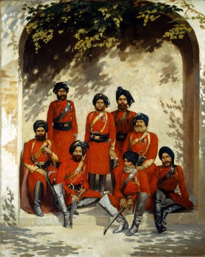 Indische Armeeoffiziere und Unteroffiziere, 2. Regiment der Kavallerie, Punjab Frontier Force, ca. 1863 von Gordon Hayward