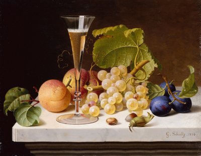 Trauben, Pfirsiche, Pflaumen, Nüsse und ein Glas Champagner auf einem Marmorsims von Gottfried Schultz