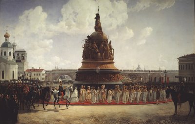 Die Weihe des Denkmals zum Millennium Russlands in Nowgorod 1862, 1864 von Gottfried Willewalde