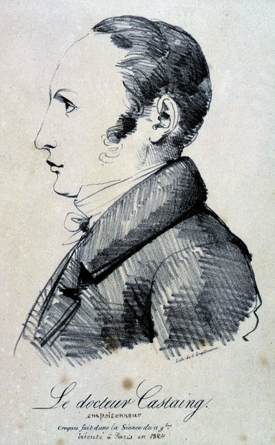 Porträt von Dr. Castaing, Giftmörder. Er benutzte Morphinsalz, Hydrochlorid, um seinen Freund Hippolyte Ballet im Jahr 1823 zu töten. Es wurde 1824 in Paris ausgeführt. Lithographie von Engelmann nach einer Skizze aus der Sitzung vom 11. November. von Gottfried or Godefroy Engelmann