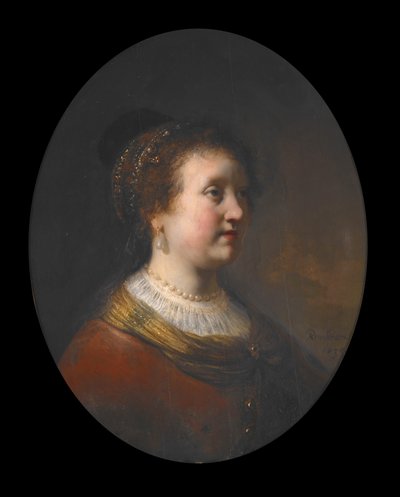 Frau in rotem Kleid mit Perlen von Govaert Flinck