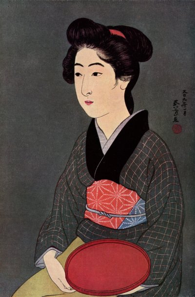 Eine japanische Kellnerin mit einem Tablett, 1920-1930 von Goyo Hashiguchi