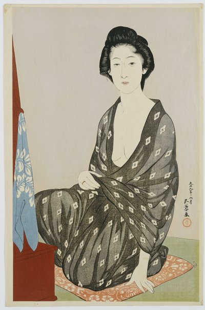Eine Schönheit in einem schwarzen Kimono mit weißen Hanabishi-Mustern, vor einem Spiegel sitzend, 1920 von Goyo Hashiguchi
